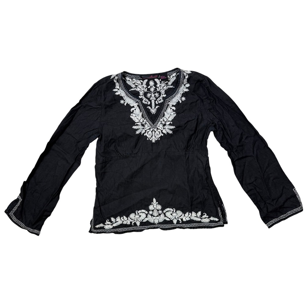 Willi Smith Boho Cottagecore Womens Embroidered Tunic Top Black 100% Linen